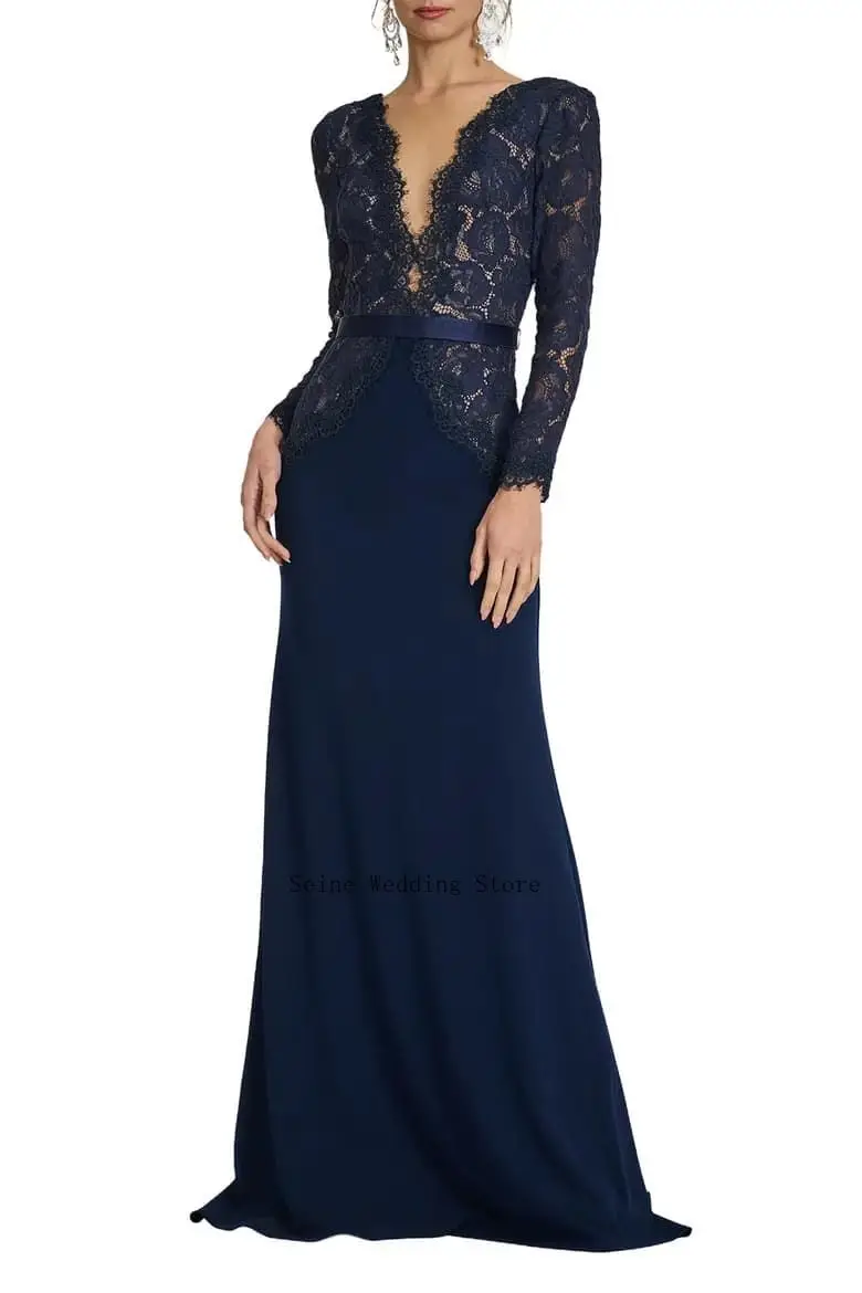 Customized Navy Blue Mermaid Crepe Mother of The Bride Dress Lace V Neck Long Sleeve Satin Belt Wedding Prom Formal Dresses