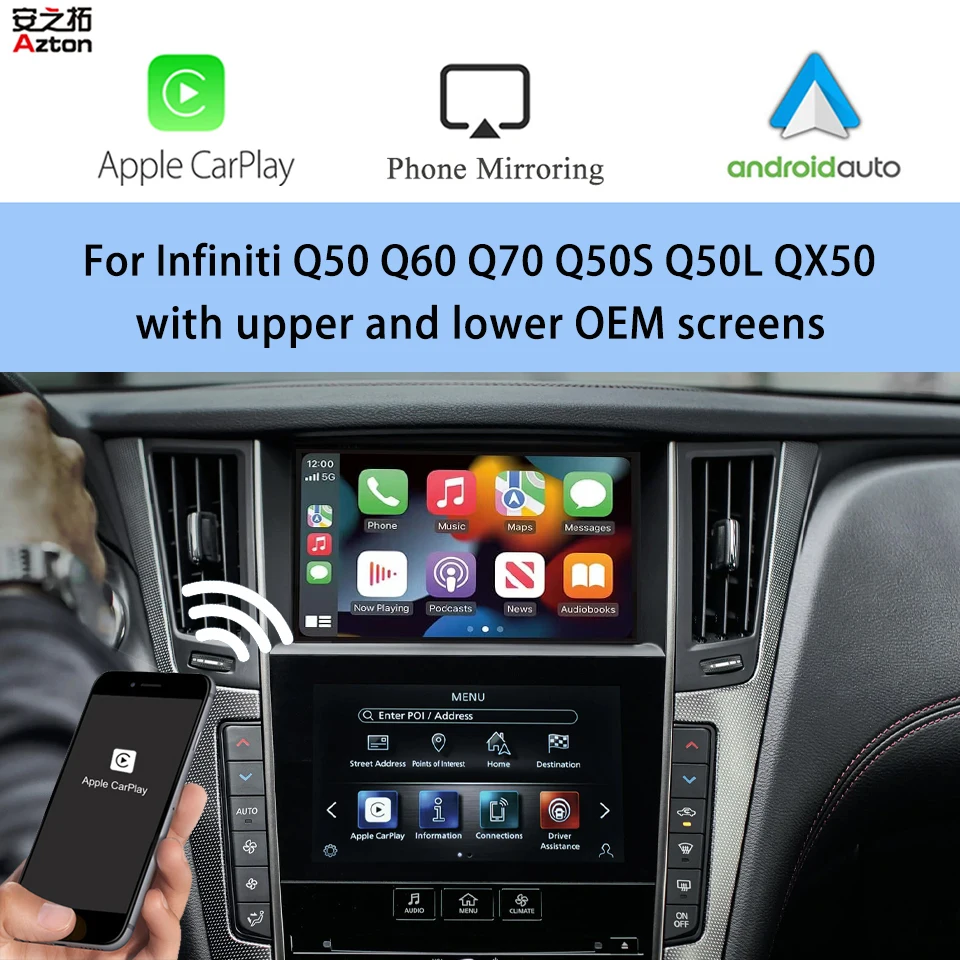 AZTON Wireless CarPlay Module For Infiniti Q50 Q60 Q70 QX50 Q50L 2015-2019 Dual Screen Apple Car Play Android Auto Phone Mirror