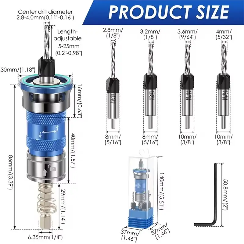 YANA50I Countersink Drill Bit Set-Adjustable Stop 4 Flute 1/4 Hex Shank For Woodworking For MDF Plywood Cabinet Shelf Applicatio