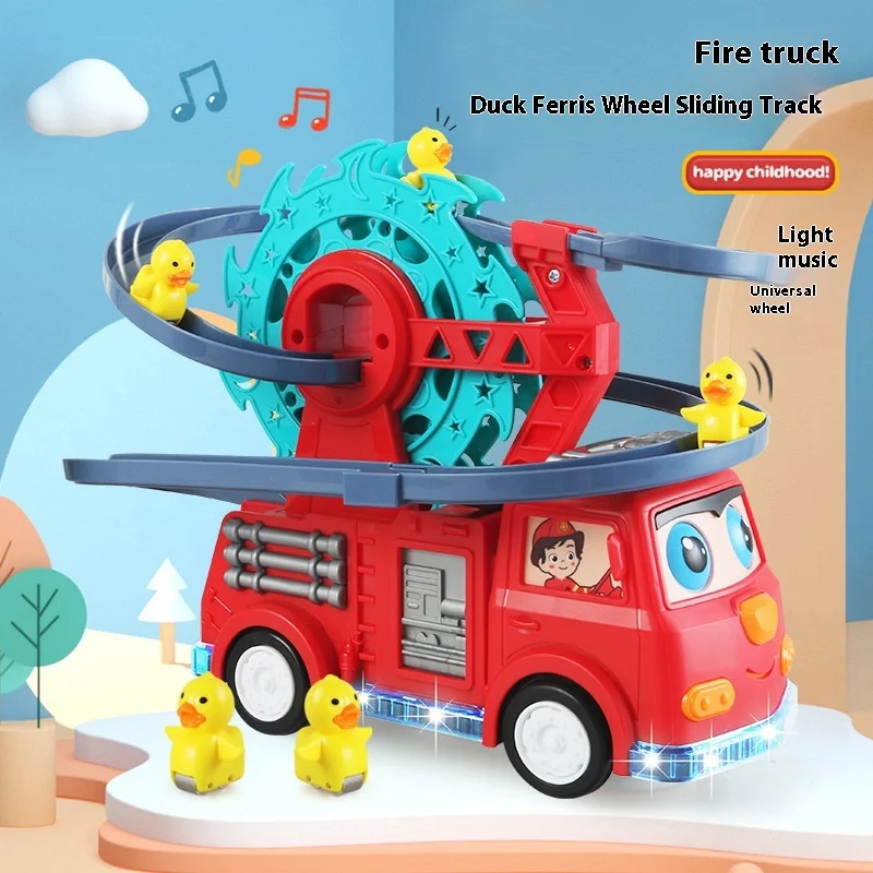 Electric fire rail car lighting music duckling slide rotating Ferris wheel universal car rail car parent-child interaction toy