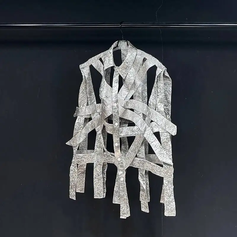 2025 Summer New Men Shirt Vest Hollow Out Ribbon Sleeveless Design Turn-down Collar Single-breasted Trend Shirts XCFTY6