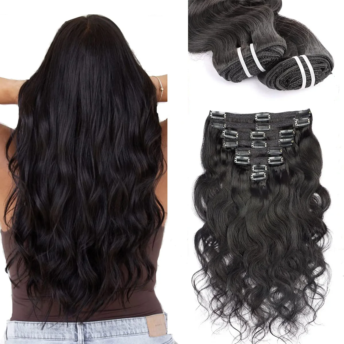 クリップ式ヘアエクステ-人毛-ボディウェーブ-ブラジリアン-100-レミーヘア-8ピース-120g-女性用クリップ式ヘアエクステ-ダブルウェフト