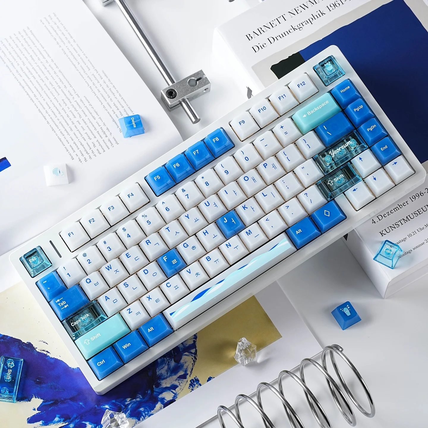 Taptempo Oceanview Keycaps Cherry Profile UV‑Printed Glossy Blue White Hangul Korean PC Keycaps Set For MX Mechanical Keyboard