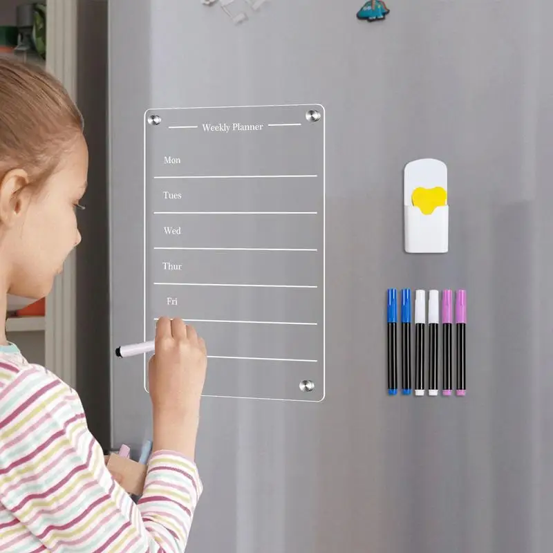 Acrylic Memo Board For Fridge Weekly Clear Meal Memo Planner Reusable Magnetic Whiteboard With Eraser 6 Colors Markers For Food