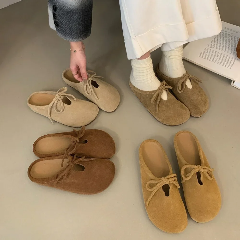 Autumn New Baotou Slippers Women Fashion Round Head Deep Mouth Butterfly Knot Inside High and Low Upper Shoes