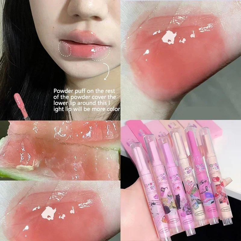 Heallor Clear Lip Glaze Jelly Solid Mirror rossetto Waterproof Love-shaped Watermelon Lip Gloss Fade Lip Lines idratante Kore