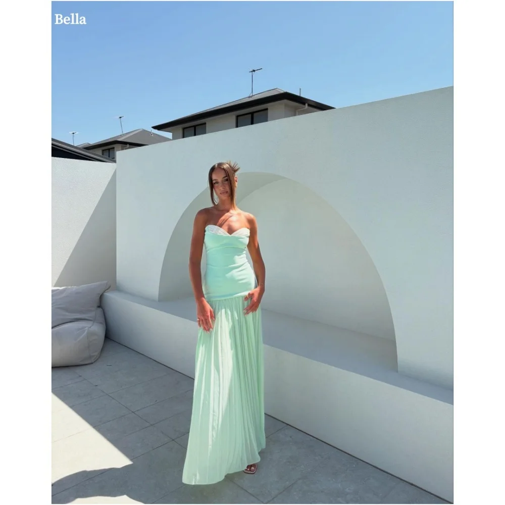 

Bella Customized Cyan A-line StraplessBackless robes de soirée Sleeveless Mesh Fabric Party Dresses Floor-Length Prom Dress 2025