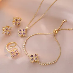 Sweet Rotating Flower Purple Zircon Pendant Necklace Ring Set for Women Girls Stainless Steel Chain Party Accessories Jewelry