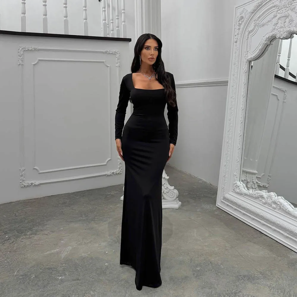 มิซิคูดส์ชุดเดรสออกงานแขนยาวสีดำ 2026 คอเหลี่ยม ผ้ารัดรูป ผูกเชือก ชุดเดรสสำหรับโอกาสพิเศษ ชุดราตรี ชุดงานเลี้ยง แบบสั่งตัด