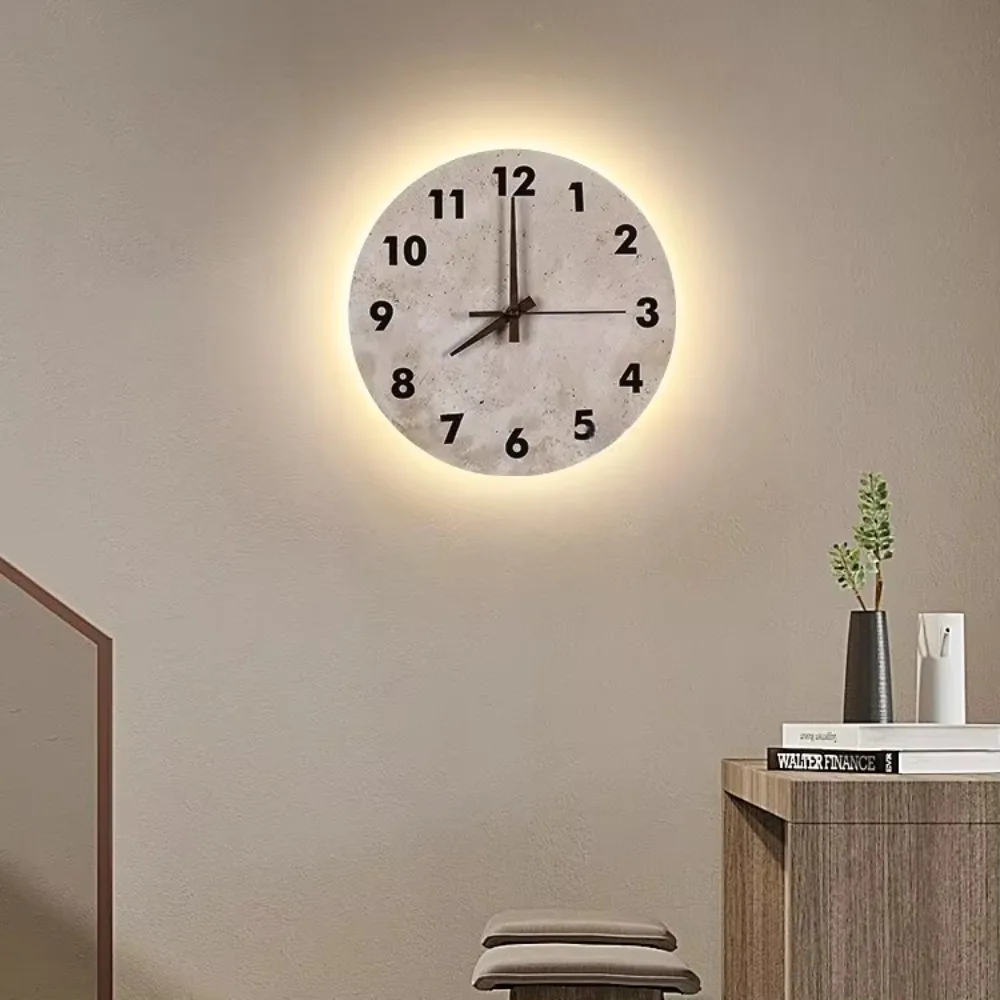 Yellow Marble Clock Wall Light for Living Room Nordic Restaurant Corridor Circular Natural Stone Travertine Sconce Lamp