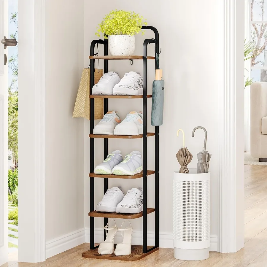 

6 Tiers Vertical Shoe Rack Narrow Shoe Tower Tall Shoes Shelf with 2 Hooks Adjustable Shelves Corner Shoes Shelves for Small Sp