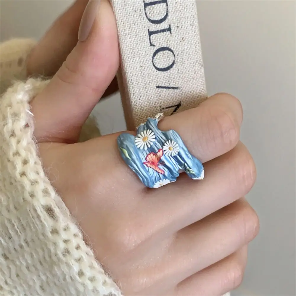 فريدة من نوعها حلقة مفتوحة المينا زهرة خاتم ديزي نازف النفط القلب خاتم اكسسوارات اللوحة غير النظامية المينا الدائري هدية