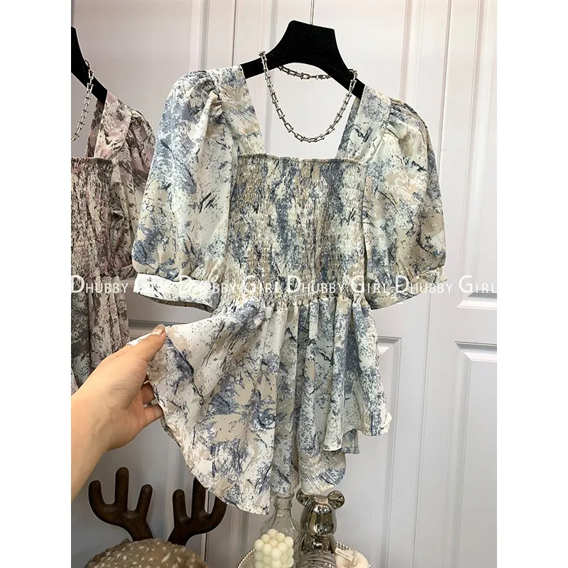 Chic Puffy Sleeve Party T-Shirts Girls Tshirts Short Comfortable Fashion Korean Vintage Printed Square Collar Tops For Women