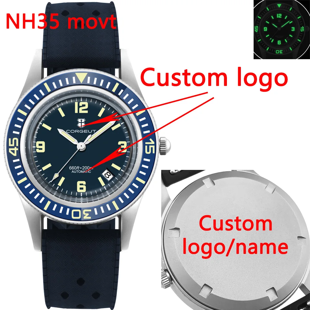Custom  Domed Glass Crystal NH35 Vintage 40mm Automatic Watch for Men Luminous 120 Clicks Bezel 20atm Mechanical Wristwatch
