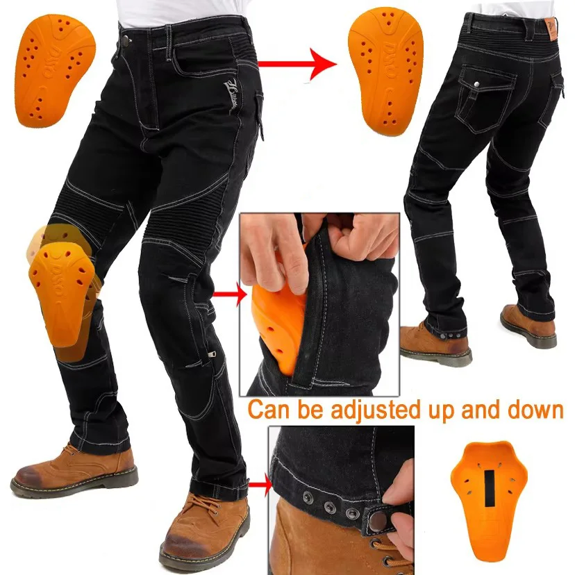 

Black Motorbike Trousers Motocross Pantalones Motorcycle Jeans cloth Protective Gear Riding Touring Adjustable knee pads