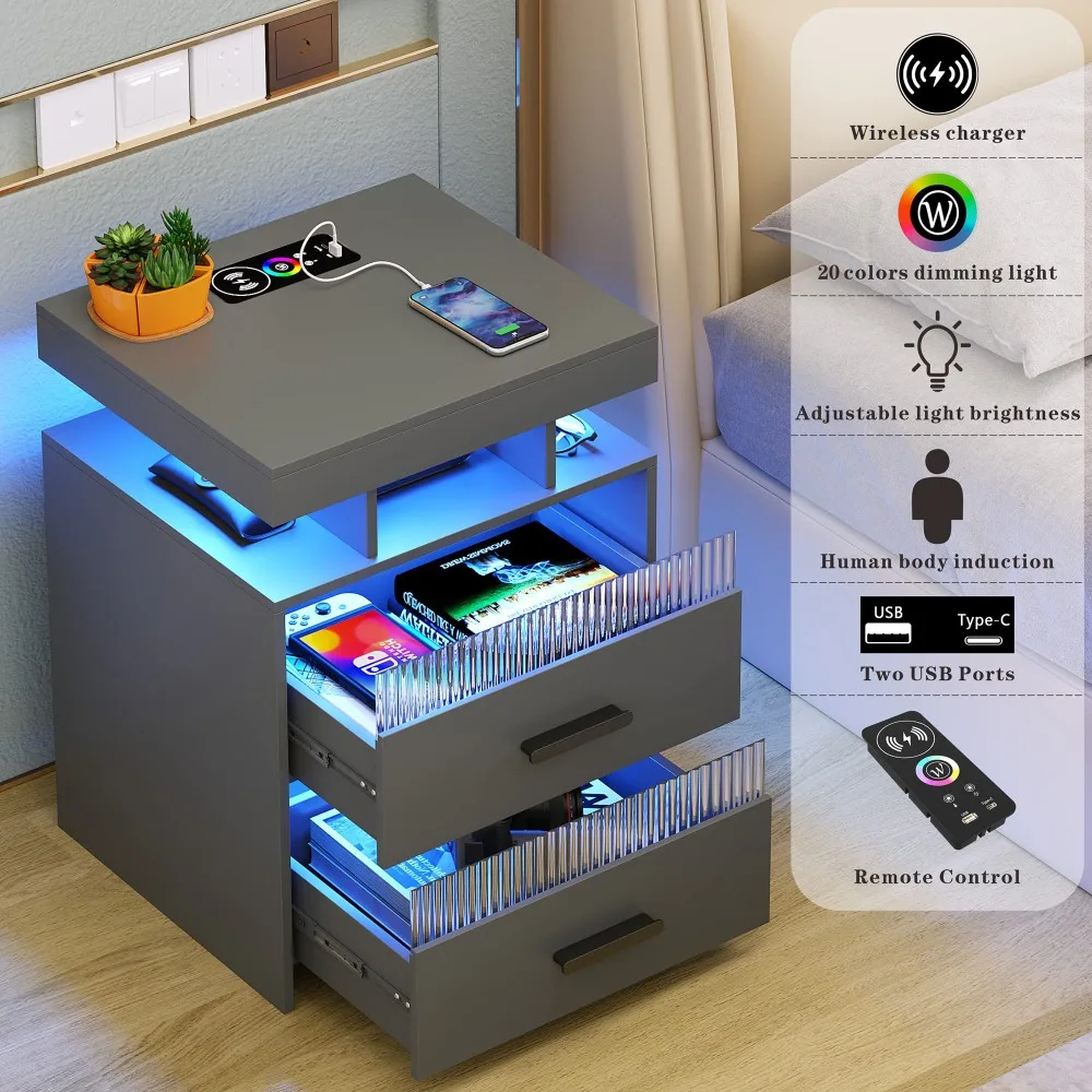 Mesita de noche con estación de carga y cajones, mesita de noche con luz LED y diseño de Sensor humano, mesa final moderna, novedad de 2024