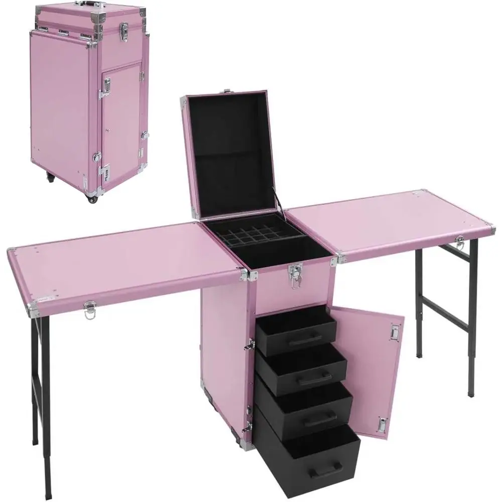 Mesa de Manicura Plegable Portátil con Ruedas, Maletín de Maquillaje Doble, Estuche de Viaje para Maquillaje, Soporta 100 kg, Rosa