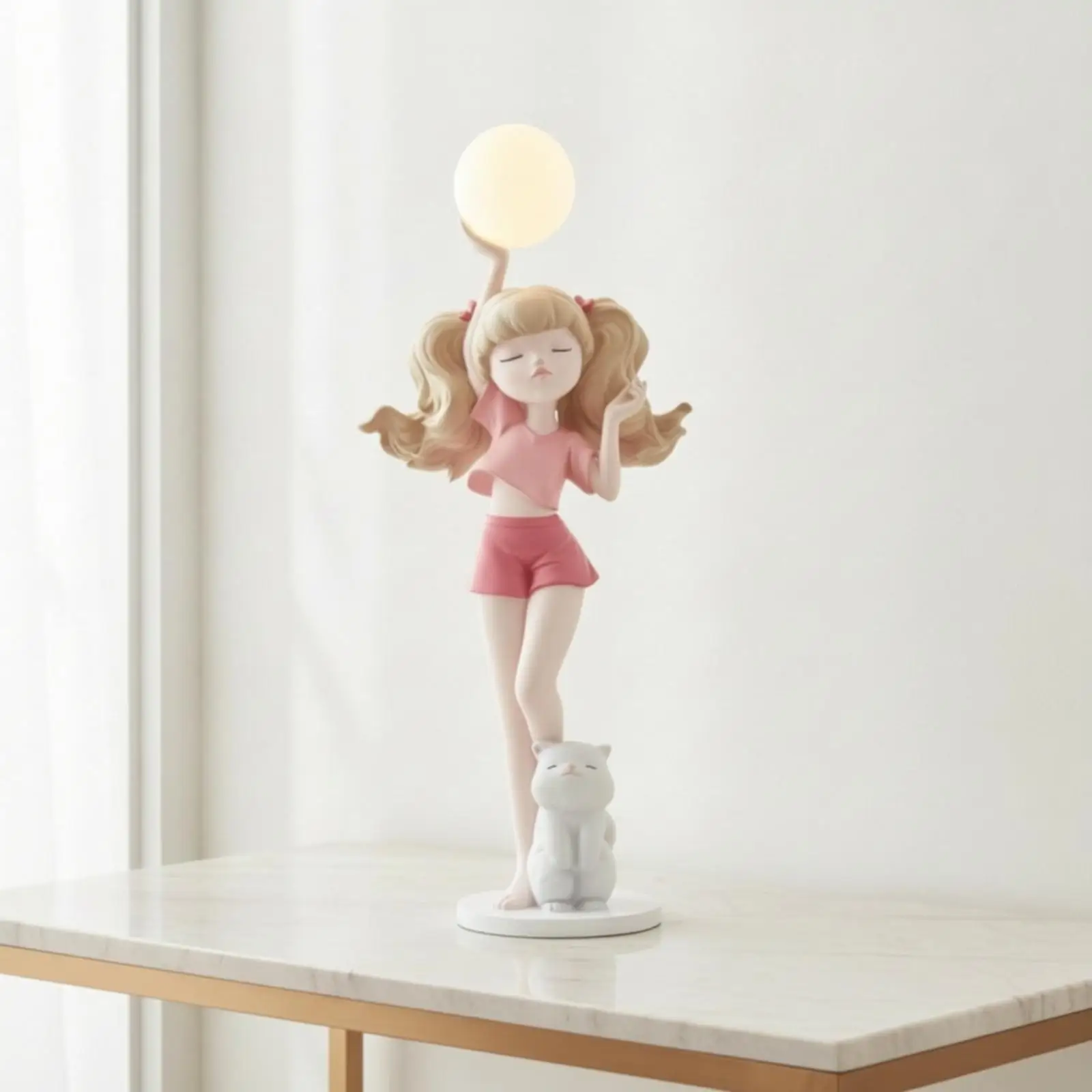 Elegant Girl Figurine Lamp with Cat Base Decorative Figurine Warm Ambient Light for Room Decoration and Living Decor view 4