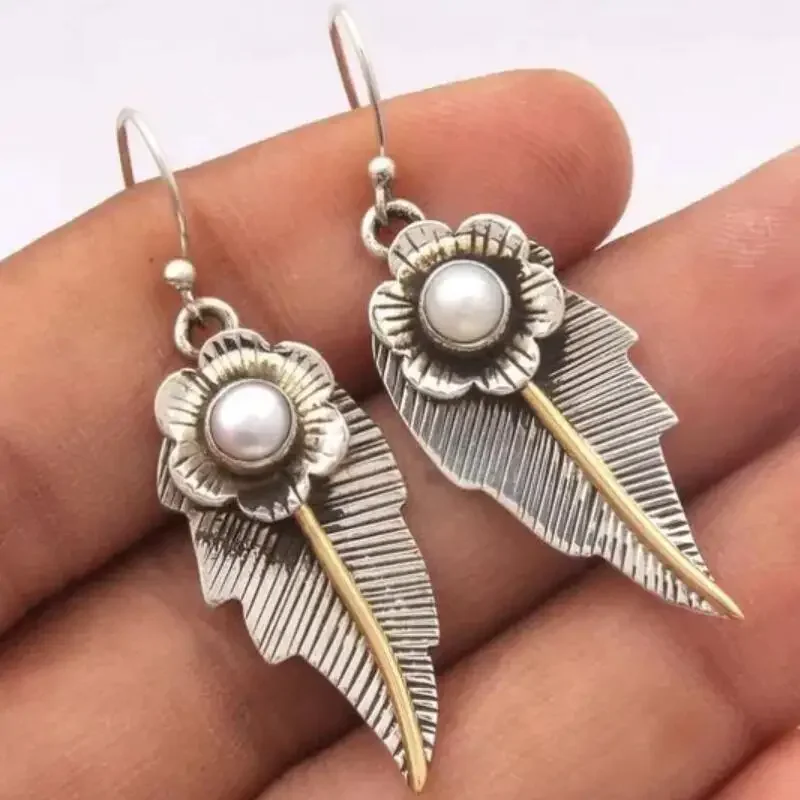 Ethnic Retro Grey Color Tree Leaf Inlay Pearl Dangle Earrings for Women Birthday Party Fashion Jewelry 2023 Custom Jewelry