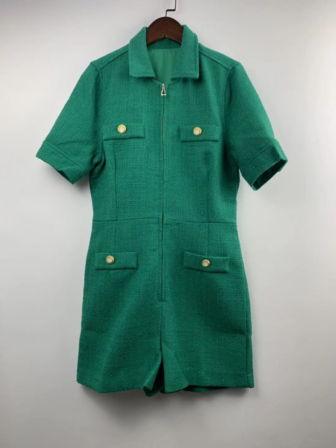 Women Green Short Sleeve Jumpsuit Fashion Zipper Pocket Women Jumpsuit Dress Female