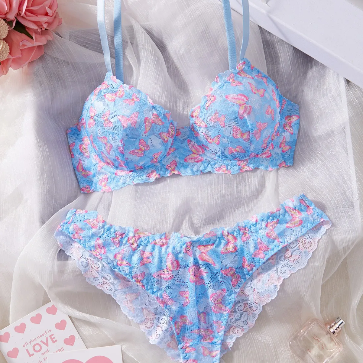 Sexy lingerie sweet mesh butterfly print thin section bra small breasts gathered love underwear set