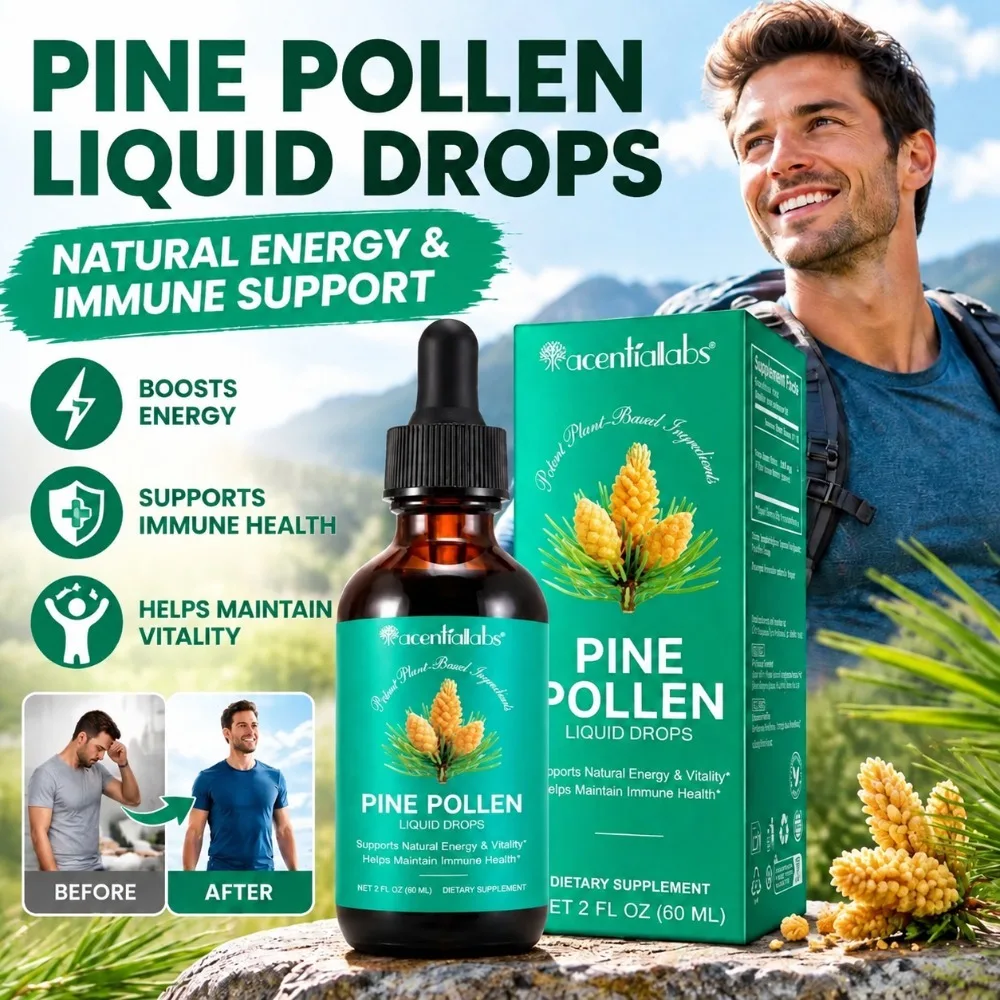 Pine Pollen Liquid Drops Supports Natural Energy Vitality & Immune Health 1200mg per Serving Easy-to-Take Plant-Based Vegan 60ML