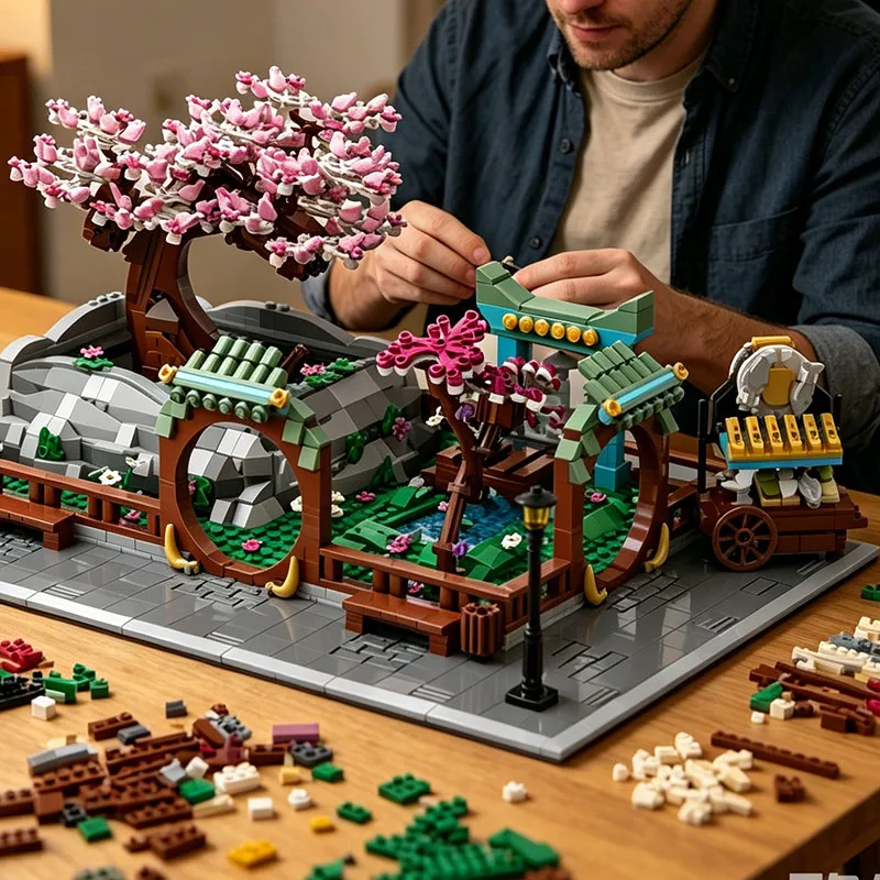 

Cherry Blossom Courtyard Building Block Set – City Street View Series Small-Particle Construction Toy