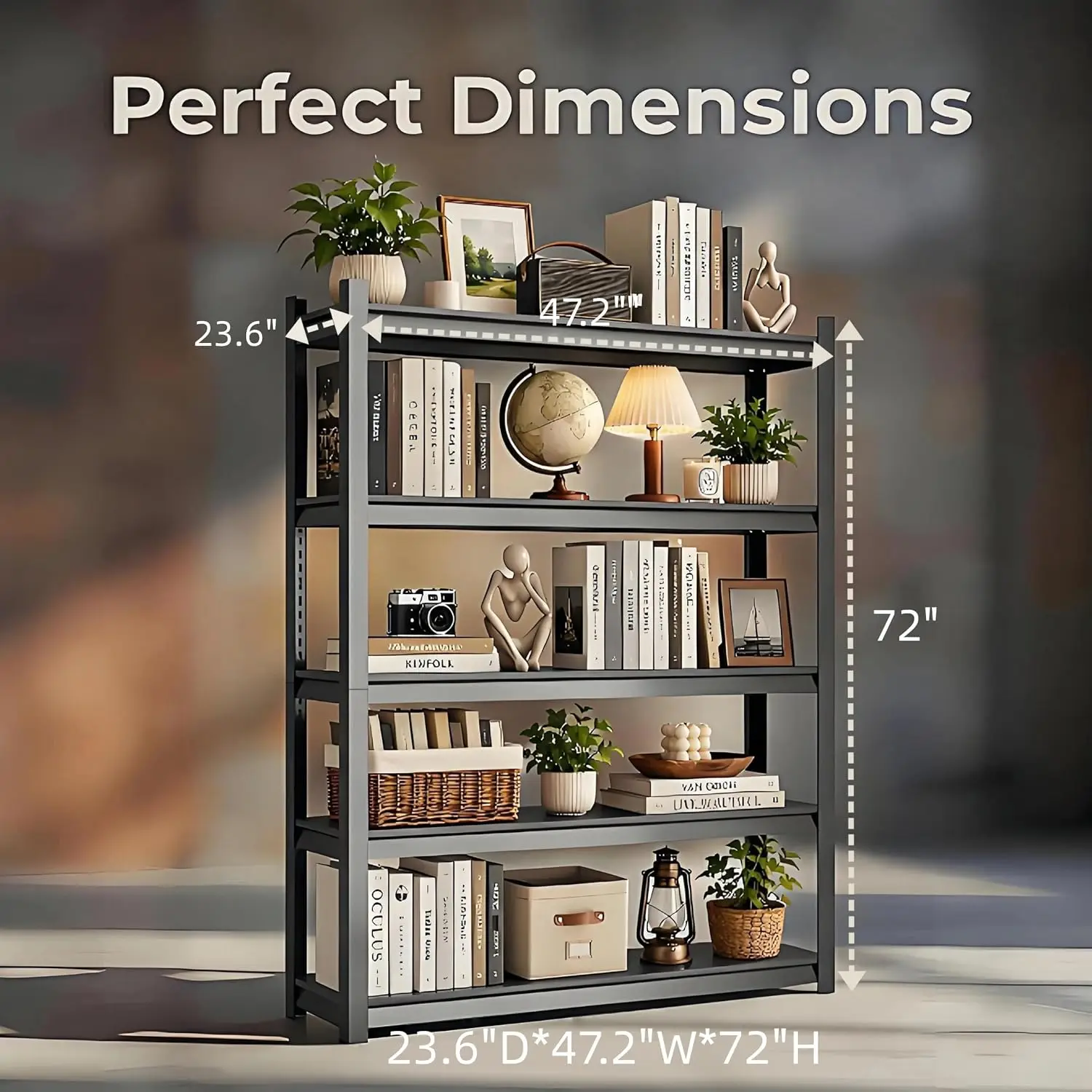 5-Tier Metal Bookcase with Adjustable Shelves & Book Stopper for Home Office Library 47.2