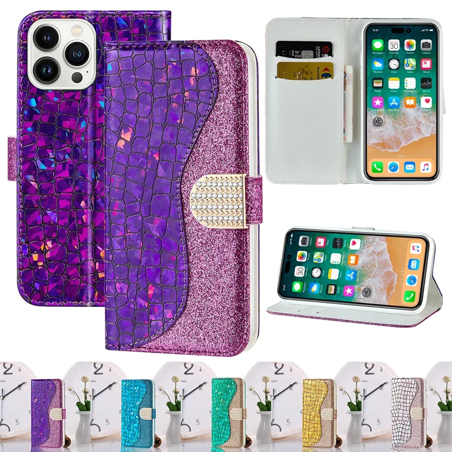 Bling Glitter Wallet Magnetic Flip Stand Case For iPhone 14 Pro Max 14 Plus 13 Mini 12 11 SE 2022 2020 X XR XS Max 8 7 6 Cover