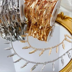 New Retro Gold Color Plated Feather Tassel Link Chains For DIY Jewelry Making No Fade Leaves Copper Chain Garment Accessories