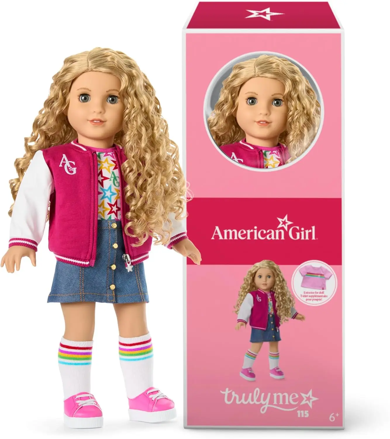 

18-inch Gray-Eyed Curly Blonde Doll with Varsity Jacket, Light Skin, for Ages 6+