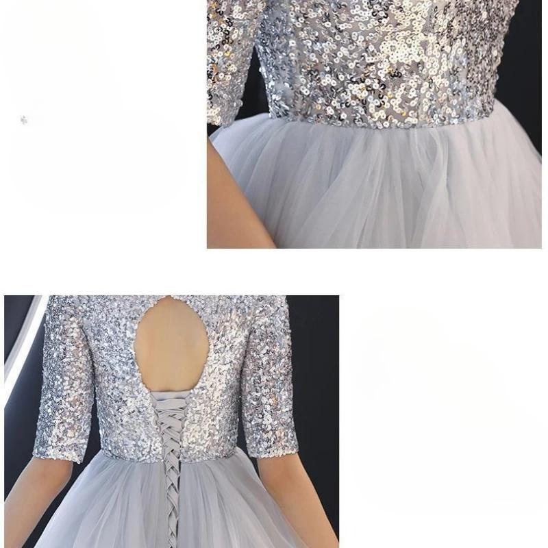 2023 Neues silbergraues Party-Abendkleid mit hochwertigem Glitzer-Kleid mit mittellangen Ärmeln und bauschigem Host-Klavier-Performance-Kleid