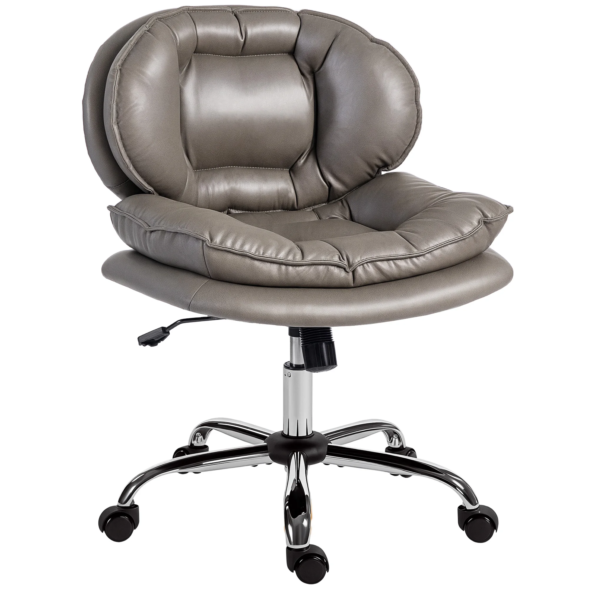HOMCOM Silla de Oficina Piernas Cruzadas, Silla Tocador sin Brazos con Asiento Ancho, Ruedas, Altura Ajustable, Doble Acolchado, Giratoria, Función Basculante, Tapizada en PU