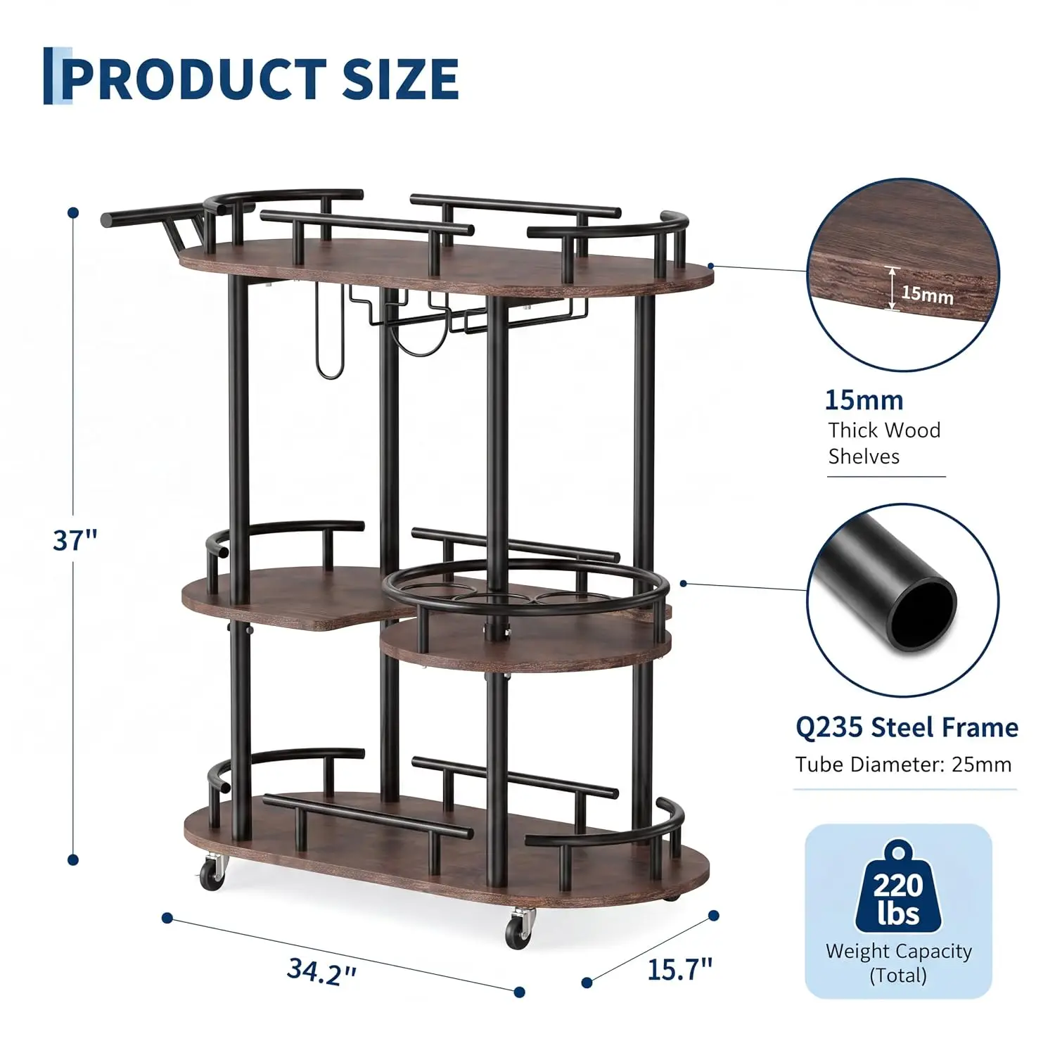 3-Tier Bar Cart Wine Rack Glass Holder Rotating Trolley Metal Frame Marble Shelves Kitchen Cart Home Bar Dining Room, Customized