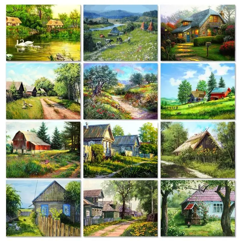 GATYZTORY 60x75cm Painting By Numbers Village Landscape For Adults Handiwork Numbers Painting Home Decors Picture Drawing