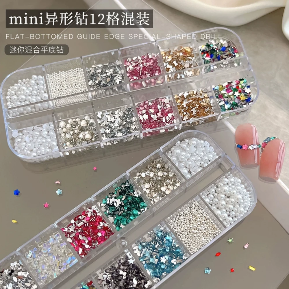 12 Gitter Kristalldiamanten, Perlen und Stahlkugeln mit flacher Rückseite, Edelsteine für Nagelglitzer-Dekor, 3D-gemischte unregelmäßige Mini-Nagel-Strasssteine