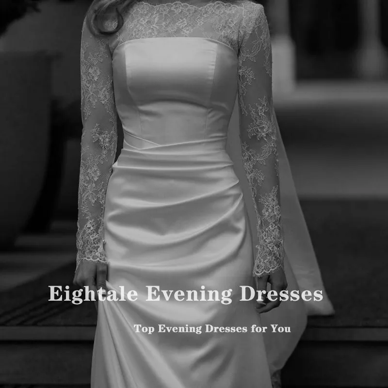 فساتين زفاف عربية Eightale رقبة دائرية دانتيل مخصصة من الساتان بأكمام طويلة عاجية حورية البحر زي العرائس Vestidos De Novia