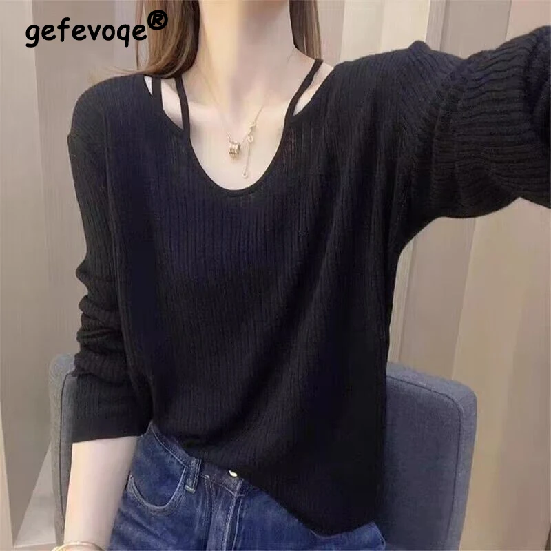 

Women's Clothing 2023 Korean Style Simple Casual Knitwear Spring Autumn V Neck Hollow Long Sleeve Loose Pullover Knitted Sweater