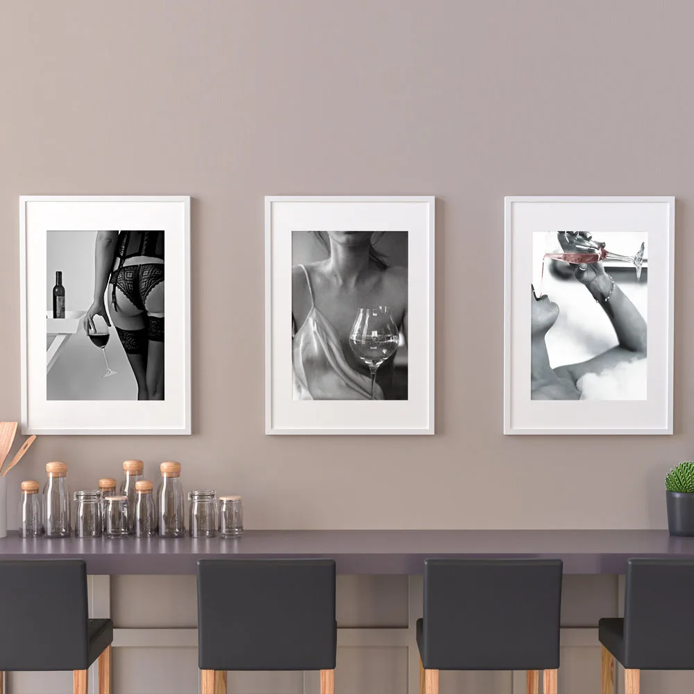 Black White Fashion Poster Nude Woman Wine Canvas Print Painting Sexy Beautiful Girl Vintage Picture Home Deco