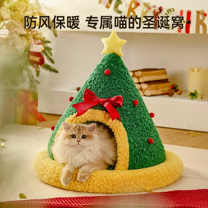 New Christmas Cat Nest Winter Warm Cat Nest Deep Sleep Semi Closed Dog Nest Warm Bed Pet Shooting Decoration Pet Accessories