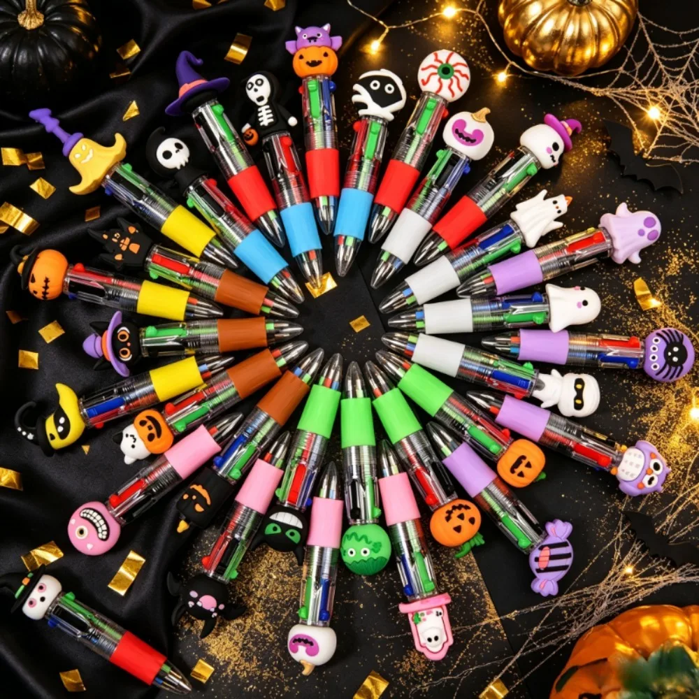 6-30Pcs Random Styles, Halloween Random Style Cartoon Multi-Color Retractable Ballpoint Pens, Multi-Item Party Gift Pack, Cute Pumpkin Ghost Skull Witch Pattern Cartoon Pens, Holiday Party Favors