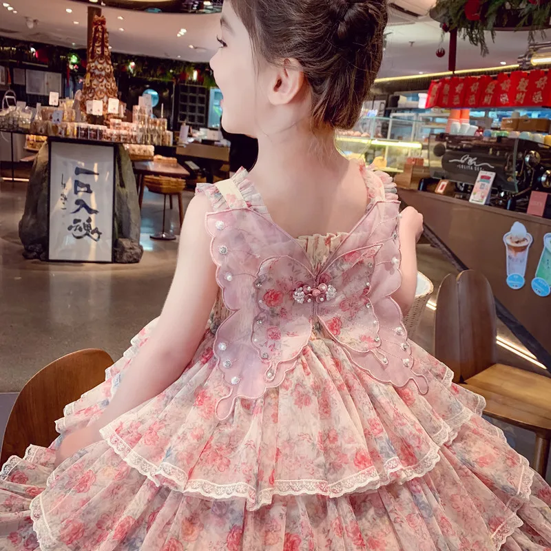 Summer Kids Girl Multi-Layered Ruffle Dress with Butterfly for Baby Princess Tiered Cake Dresses Child Cute Wedding Party Outfit view 2