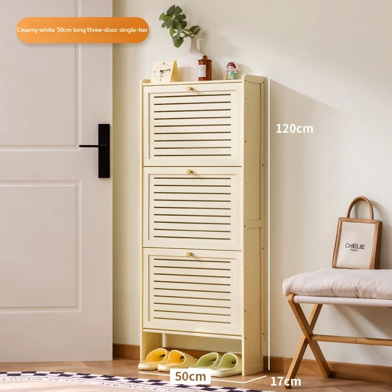 Minimaal ultradunne houten schoenenkast, moderne multi-laagse opklapbare schoenenrek, bamboe schuifdeur wandkast
