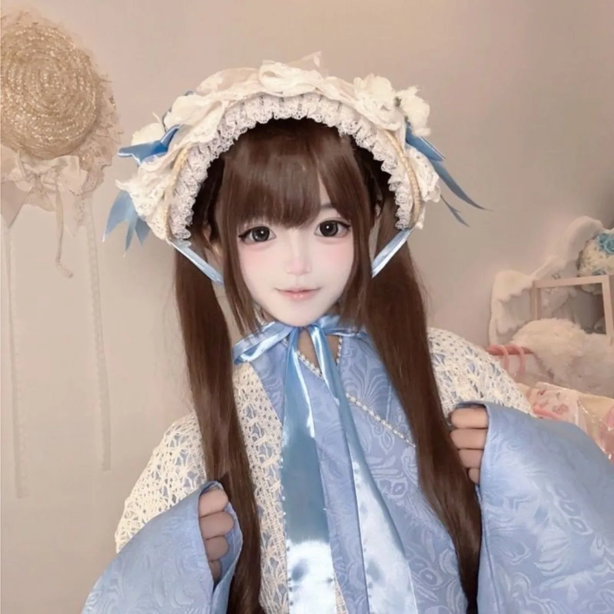 Lolita Bonnet with White Rose, East-Meets-West BNT Headwear, Lace Bowknot Straw Hat for Women Tea Party
