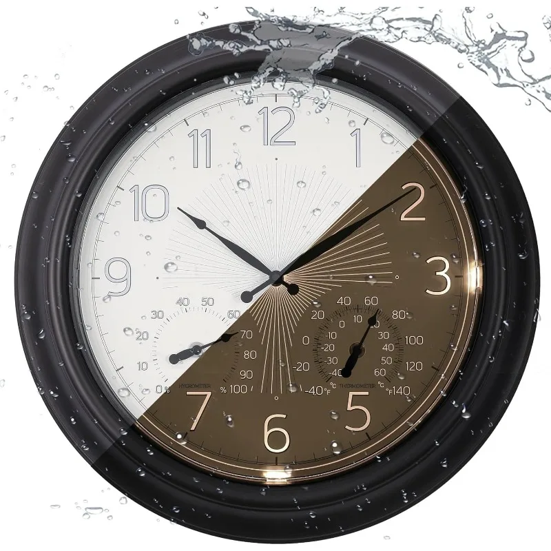 

Outdoor Wall Clock, 18 Inch Illuminated Outdoor Waterproof Clocks with Temperature & Hygrometer, Water Resistant Wall Clock for