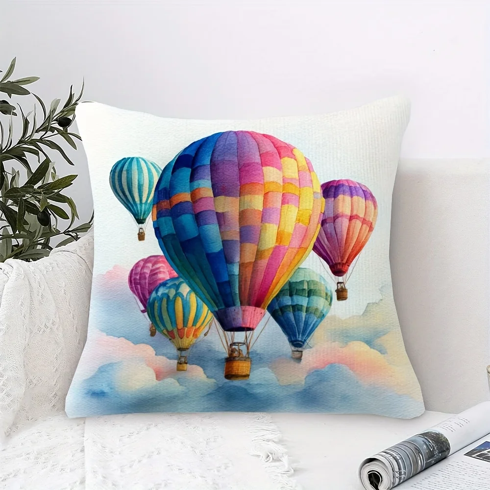 Vibrant Hot Air Balloon Picnic Scene Throw Pillow Cushion for Living Room Decor Art Print