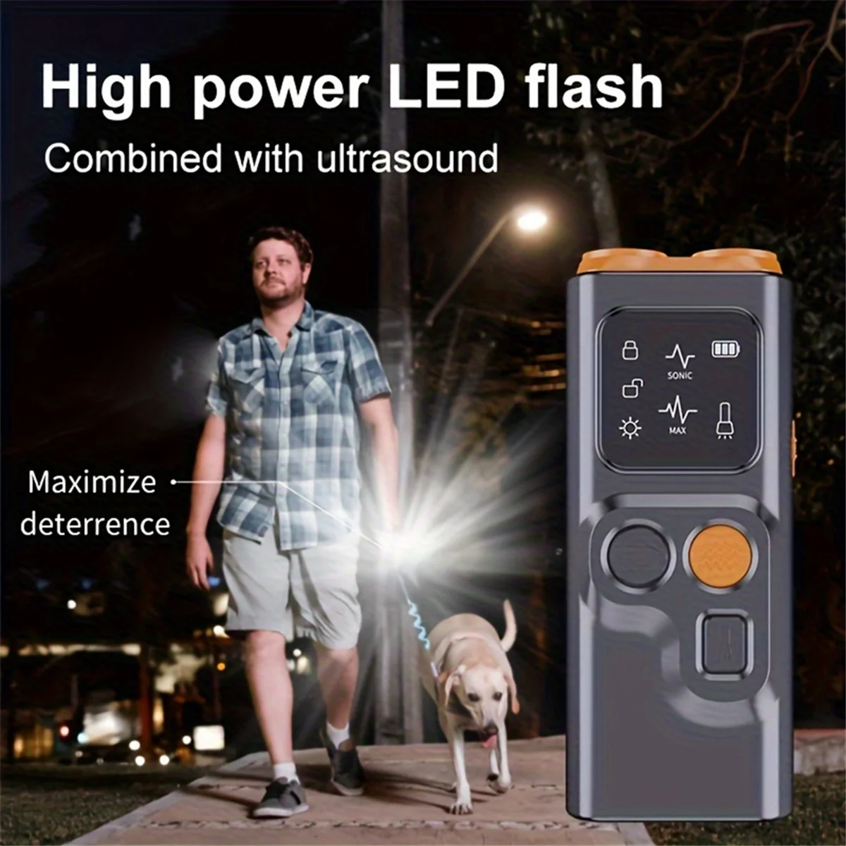 

Driver USB Rechargeable Sonic Dog Repeller with Dual Ultrasonic Emitter and High-Frequency LED Flashlight, Anti-Barking Device