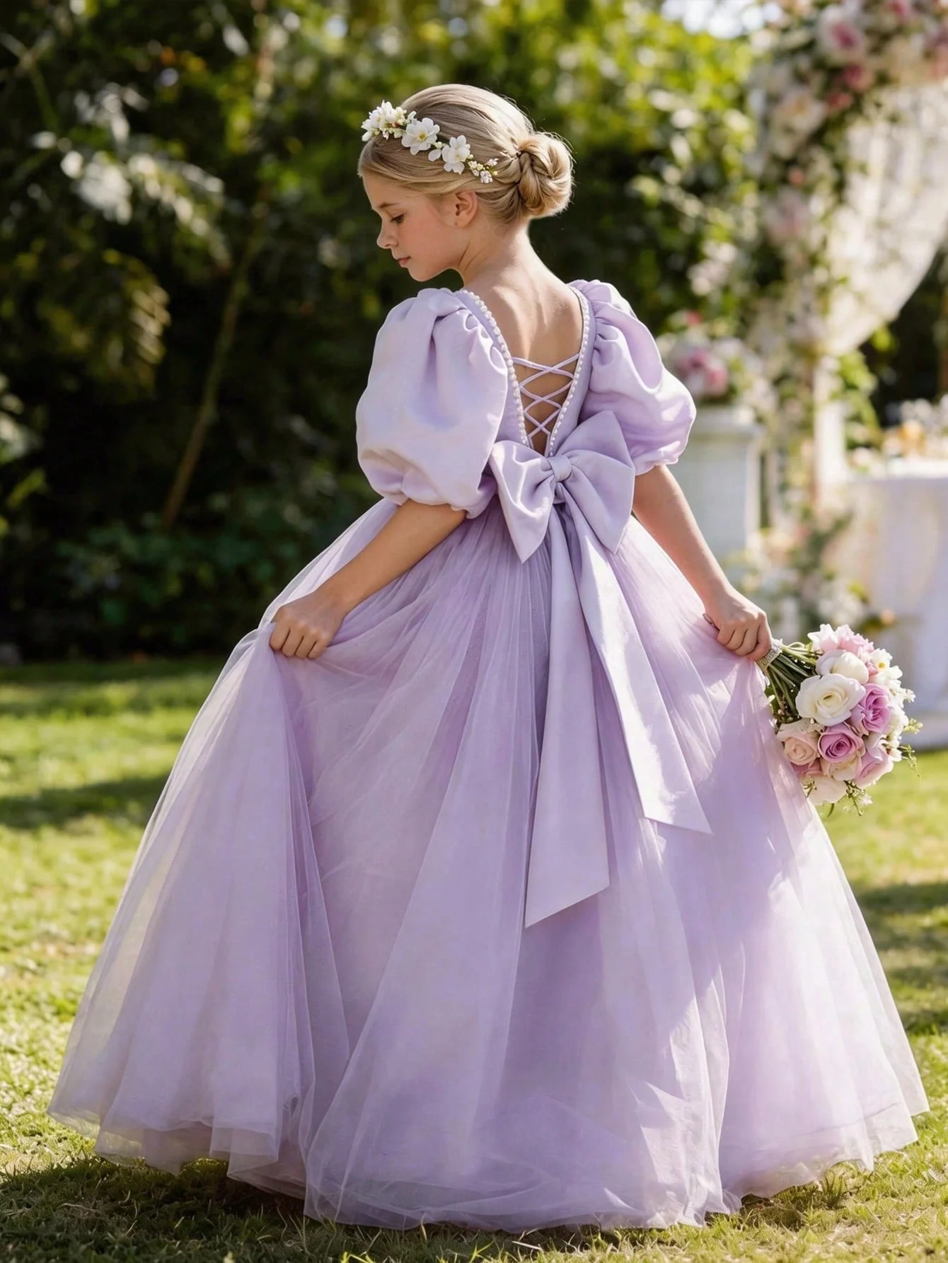 

Custom Elegant Children's Satin Mesh Flower Girl Dress Puff Sleeve Long A-Line Prom Dress Girls First Holy Communion Dress