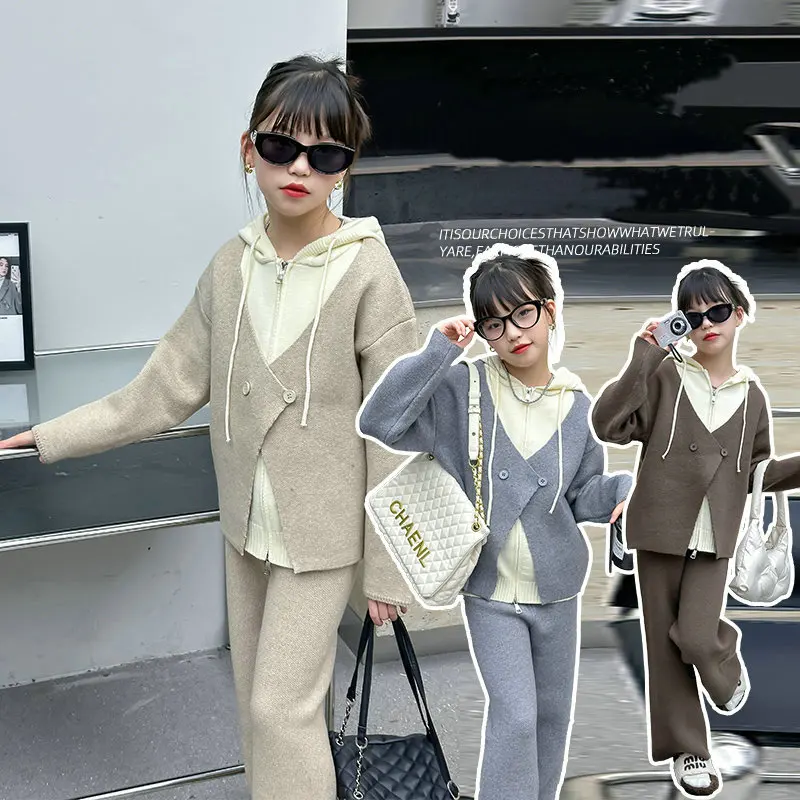 

autumn winter warm teen girls sweater clothes set Splicing hooded jacket+wide leg pants 2p junior kid Knitted suit child outfits