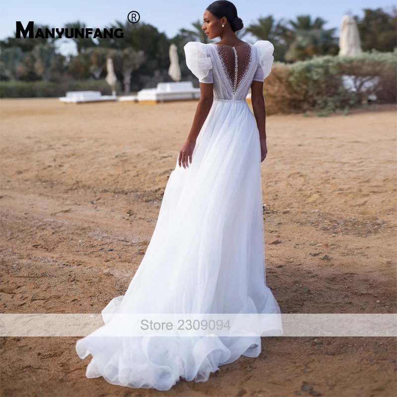 Robe Éducative pour Mariée, Manches Lanternes, Ceinture de Perles, Longue, Plage, Grande Taille